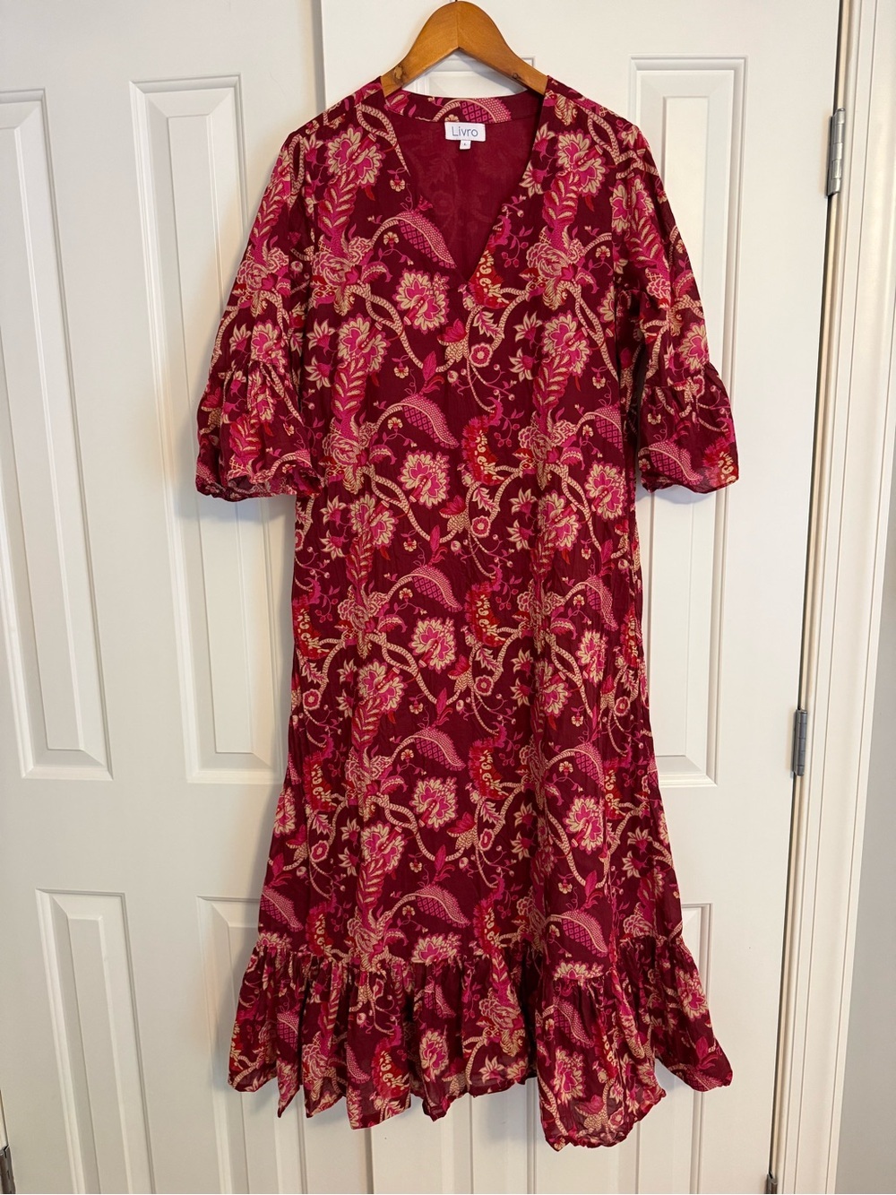 Livro Classic Hand Block Printed Kurta Midi Maroon Paisley Pockets Size Large